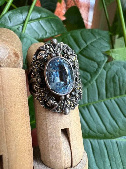 Vintage Aquamarine and Marcasite Sterling Silver Ring