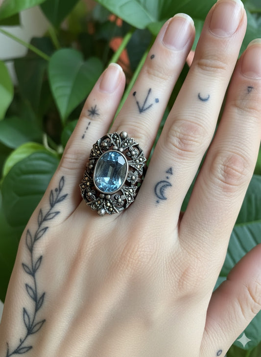 Vintage Aquamarine and Marcasite Sterling Silver Ring